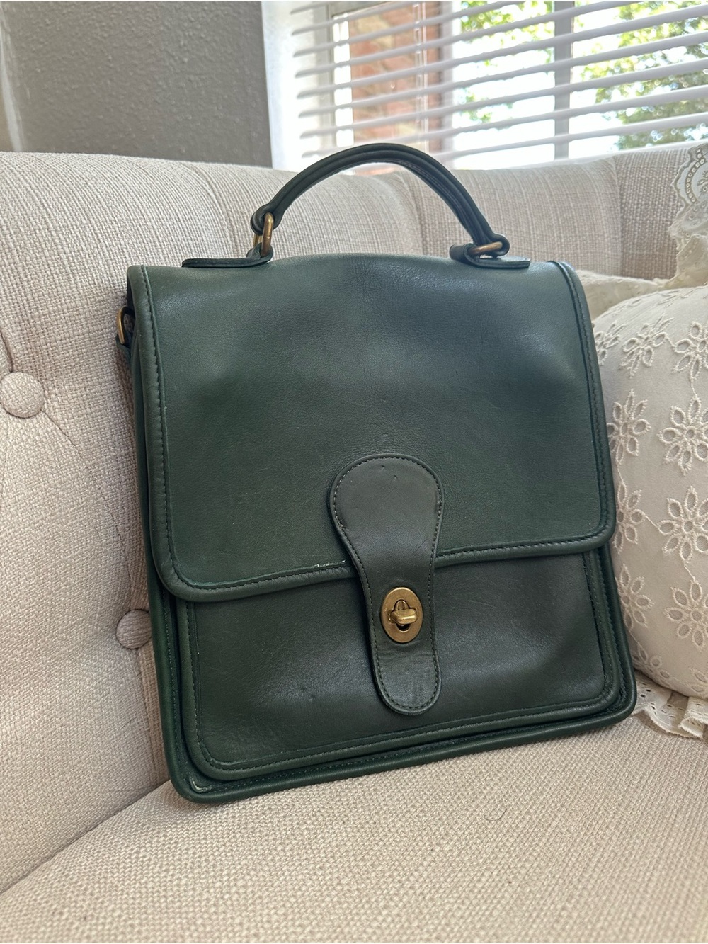 Coach Dark Green Leather Top-Handle Satchel with Brass Turnlock